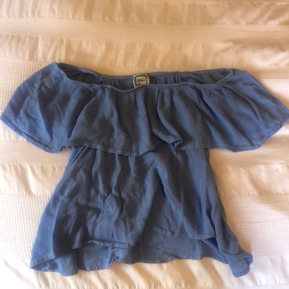 Y&I Ruffled Light Blue Off-the-Shoulder Top